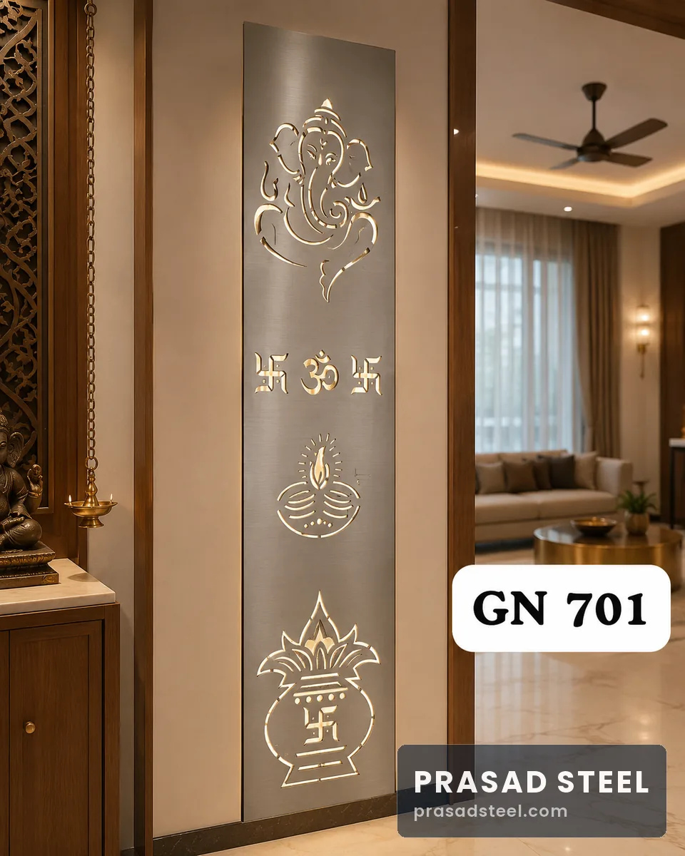 Designer stainless steel pooja room partition GN 701 with Ganesh and Kalash motif, Kanpur