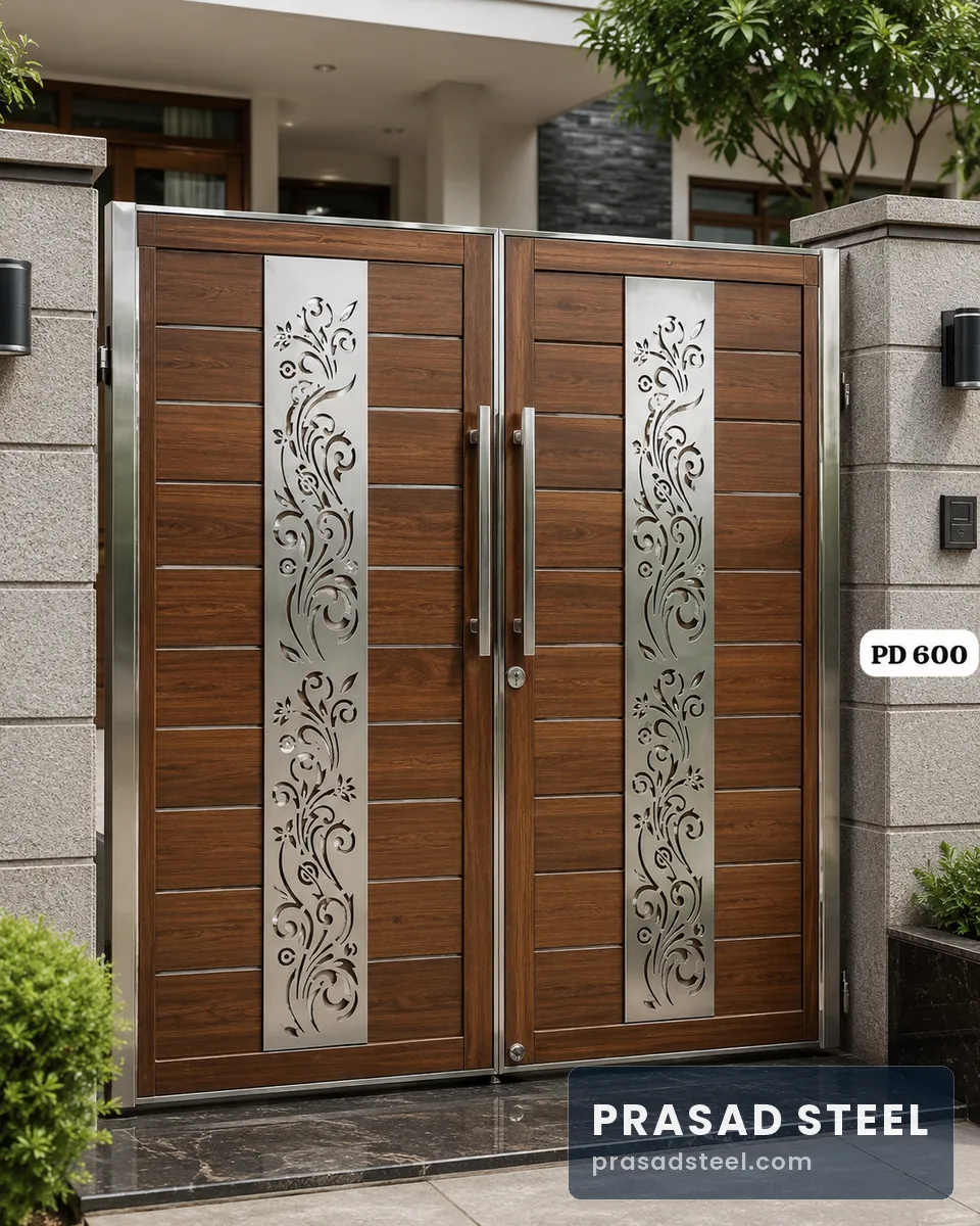 Stainless steel and wood main gate with PD 600 floral laser-cut design, Kanpur